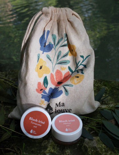Coffret duo de blushs : blush irisé Terracotta et Abricot avec le pochon Malouve