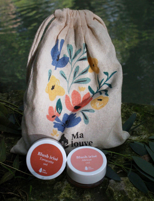 Coffret duo de blushs : blush irisé Terracotta et Abricot avec le pochon Malouve